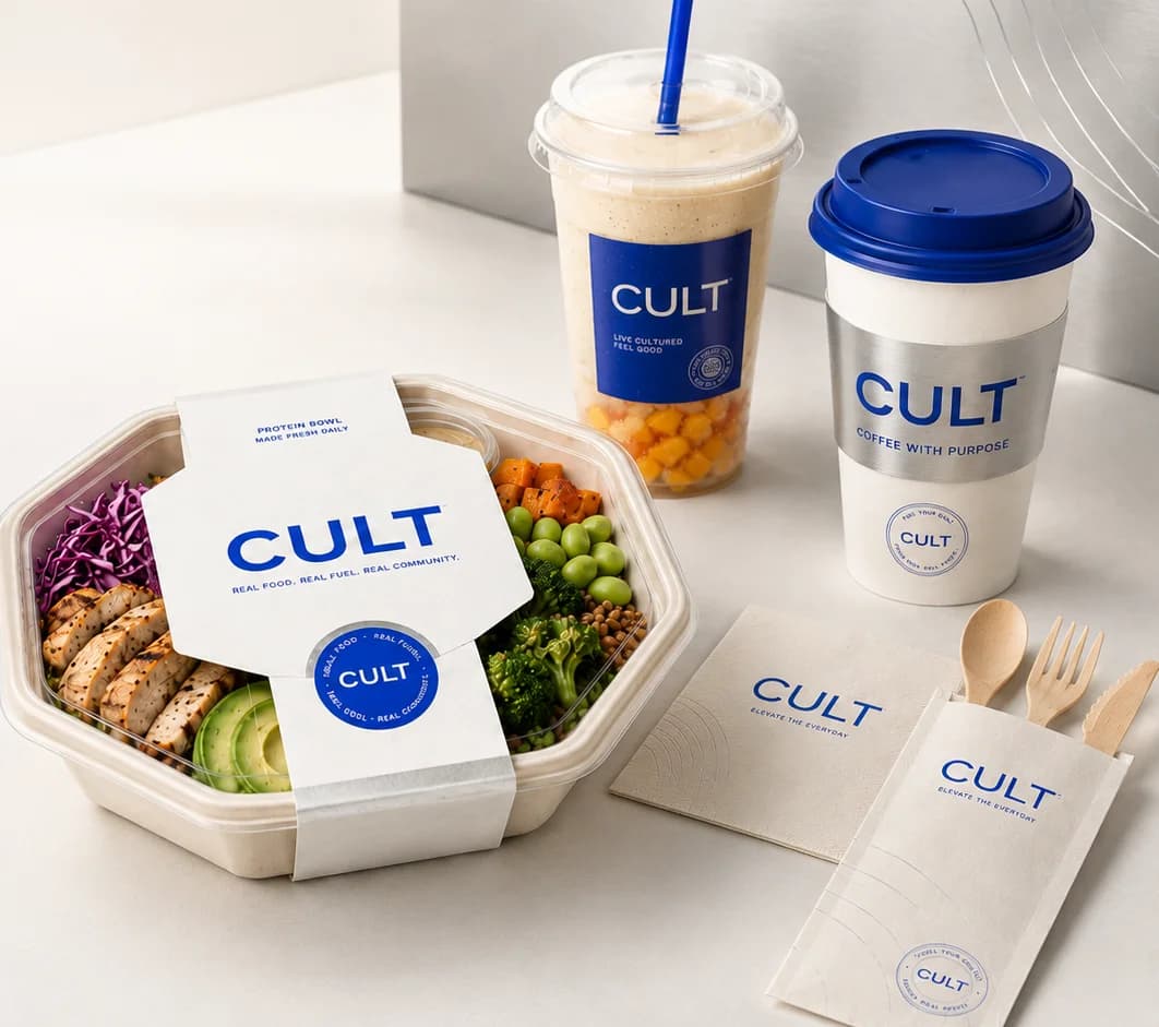 CULT protein bowl, smoothie and coffee arranged on a table